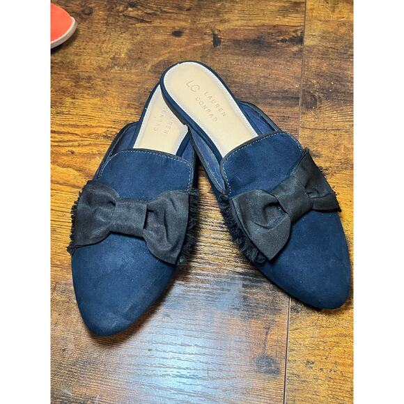 LC Lauren Conrad Navy Suede Bow Mules Size 7 Slip-On Flats Business Casual work - Picture 3 of 9